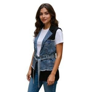 Shop‎ Michella Womens Denim Blazer Hybrid Vest Blue Black Mixed Media NWT Size S